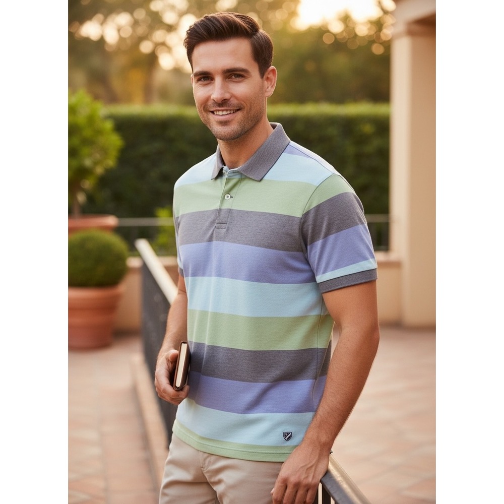 Cremieux Classics Mens Striped Pique Polo Shirt Blue Green Grey Large